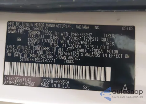 2005 Toyota Tundra Sr5 V8 z USA, uszkodzony, nr VIN 5TBDT44195S492771